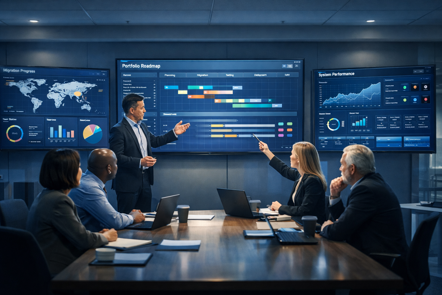 Leadership team aligning on enterprise transformation roadmap and migration progress